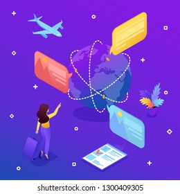 Isometric template bright tourist concept looks at the globe and choose the direction to relax. Vector illustration.