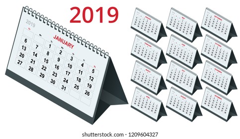 Isometric Template calendar 2019. Week Starts on Sunday. Set of 12 Months