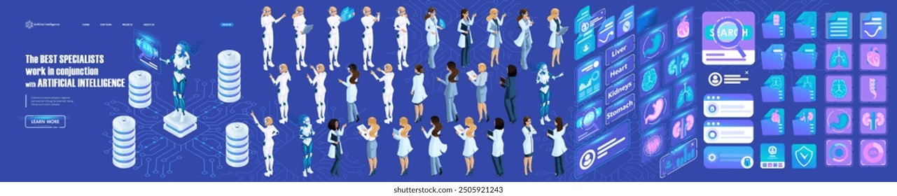 Isometric Template Creating Landing page. Female Cyborg with built in AI, for Medical. Kit of Characters, Persons, Icons. Create your own unique Landing page.