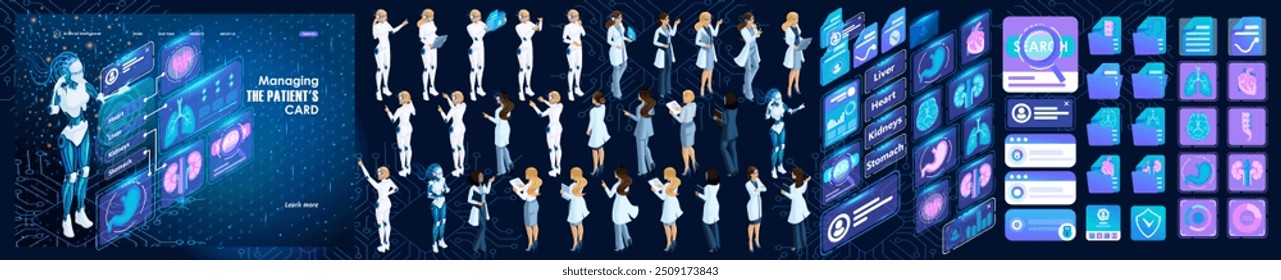 Isometric Template Creating Landing page about AI Cyborg for Medical. Kit of Characters, Persons. Kit of icons. Create your own unique Landing page