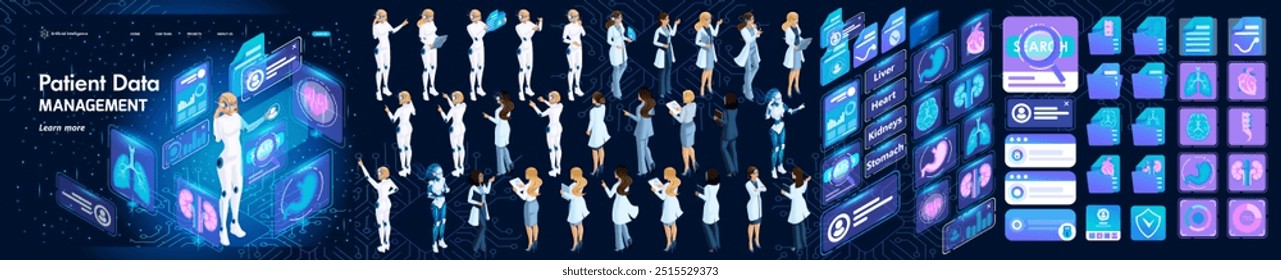 Isometric Template Creating Landing page about AI Girl Cyborg for Medical. Kit of Characters, Persons. Kit of icons. Create your own unique Landing page