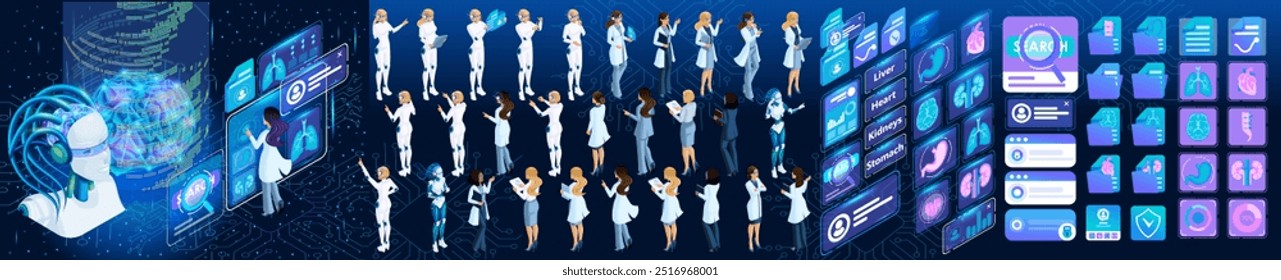 Isometric Template Creating Landing page. Megamind manages an array of medical data. Kit of Characters, Persons, Icons. Create your own unique Landing page