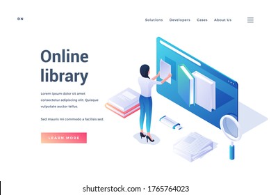 Isometric Template Of Modern Website With Female Using Resources Of Online Library Promoting Education On Distance Isolated On White Background