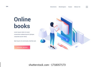 Isometric template of website banner advertising resource of online books with female reading in app of mobile phone isolated on white background