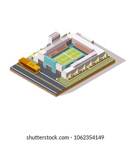 isometric tennis court, low poly, bus near the building, big tournament, concept for a tennis game, 3d field, stands, graphic vector drawing, championship