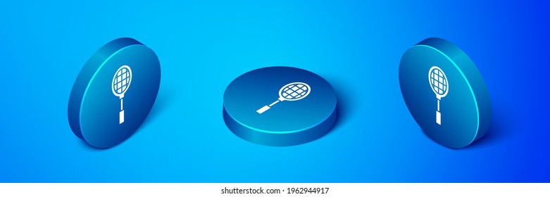 Isometric Tennis racket icon isolated on blue background. Sport equipment. Blue circle button. Vector Illustration