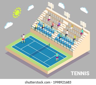 Isometric tennis stadium with outdoor court and tribune, flat vector illustration. Sport field with players and fans watching tennis match, infographic element.