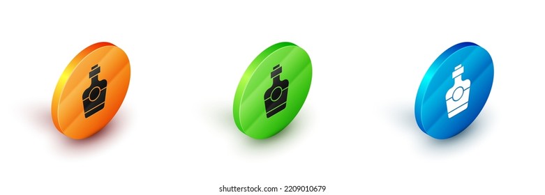 Isometric Tequila bottle icon isolated on white background. Mexican alcohol drink. Circle button. Vector