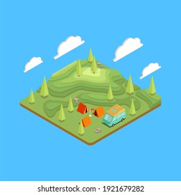 Isometric terrain with topography. Camping, hiking and travel outdoor. 
Mountains and plains. GPS map navigation. Isometric cartoon colorful vector illustration.