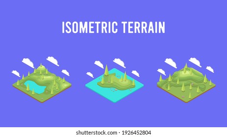 Isometric terrain with topography. Camping, hiking and travel outdoor. Mountains and plains. GPS map navigation. Isometric cartoon colorful vector illustration.