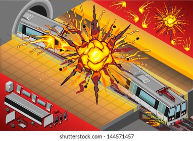 Isometric Terrorist Attack Metro Wagons Explosion. Metro Explosion 