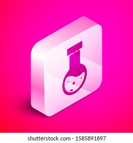 Isometric Test tube and flask chemical laboratory test icon isolated on pink background. Laboratory glassware sign. Silver square button. Vector Illustration