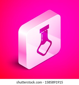 Isometric Test tube and flask chemical laboratory test icon isolated on pink background. Laboratory glassware sign. Silver square button. Vector Illustration