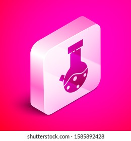 Isometric Test tube and flask chemical laboratory test icon isolated on pink background. Laboratory glassware sign. Silver square button. Vector Illustration