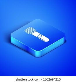Isometric Test tube and flask chemical laboratory test icon isolated on blue background. Laboratory glassware sign. Blue square button. Vector Illustration
