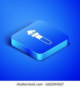 Isometric Test tube and flask chemical laboratory test icon isolated on blue background. Laboratory glassware sign. Blue square button. Vector Illustration