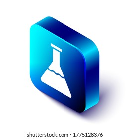 Isometric Test tube and flask chemical laboratory test icon isolated on white background. Laboratory glassware sign. Blue square button. Vector Illustration