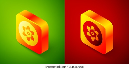 Isometric Test tube and flask chemical laboratory test icon isolated on green and red background. Laboratory glassware sign. Square button. Vector