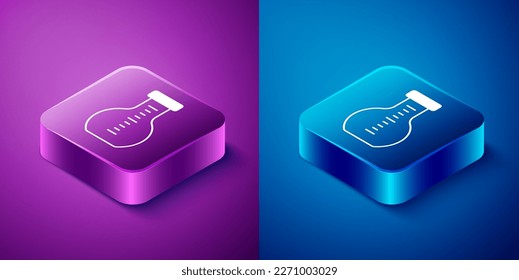 Isométrico Tubo de ensayo químico y de ensayo de laboratorio del matraz aislado en fondo azul y púrpura. Señal de vidrio de laboratorio. Botón cuadrado. Vector