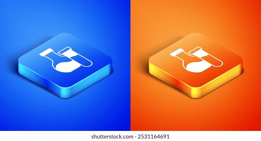 Icono de prueba de laboratorio químico isométrico de tubo de ensayo y matraz aislado sobre fondo azul y naranja. Signo de cristalería de laboratorio. Botón cuadrado. Vector