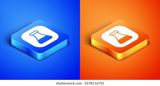 Isometric Test tube and flask chemical laboratory test icon isolated on blue and orange background. Laboratory glassware sign. Square button. Vector