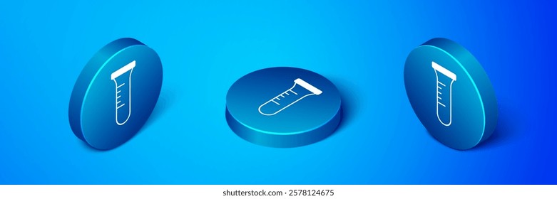 Isometric Test tube and flask chemical laboratory test icon isolated on blue background. Laboratory glassware sign. Blue circle button. Vector