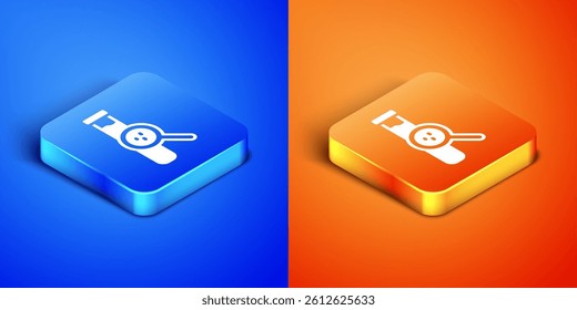 Isometric Test tube and flask chemical laboratory test icon isolated on blue and orange background. Laboratory glassware sign. Square button. Vector