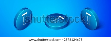 Isometric Test tube and flask chemical laboratory test icon isolated on blue background. Laboratory glassware sign. Blue circle button. Vector