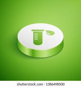 Isometric Test tube or flask with drop of blood icon isolated on green background. Laboratory, chemical, scientific glassware sign. White circle button. Vector Illustration