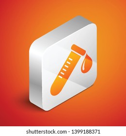 Isometric Test tube or flask with drop of blood icon isolated on orange background. Laboratory, chemical, scientific glassware sign. Silver square button. Vector Illustration