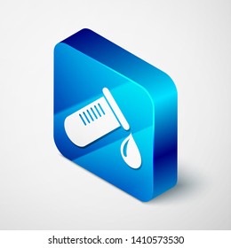 Isometric Test tube or flask with drop of blood icon isolated on white background. Laboratory, chemical, scientific glassware sign. Blue square button. Vector Illustration
