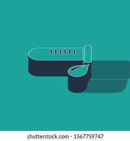 Isometric Test tube or flask with drop of blood icon isolated on green background. Laboratory, chemical, scientific glassware sign.  Vector Illustration