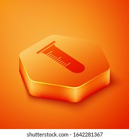Isometric Test tube and flask icon isolated on orange background. Chemical laboratory test. Laboratory glassware. Orange hexagon button. Vector Illustration