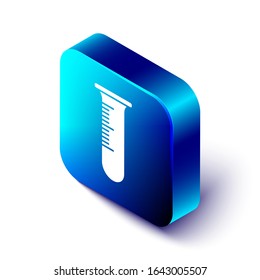 Isometric Test tube and flask icon isolated on white background. Chemical laboratory test. Laboratory glassware. Blue square button. Vector Illustration
