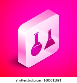 Isometric Test tube and flask icon isolated on pink background. Chemical laboratory test. Laboratory glassware. Silver square button. Vector Illustration