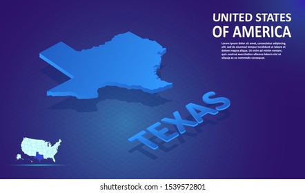 Isometric TEXAS State map on blue and glowing background. 3D Detailed Map in perspective with place for your text or description.Technology Information Graphic Elements for Website, app, UI, Travel