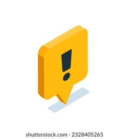 isometric text bubble icon in black on white background with exclamation icon, important message or alert