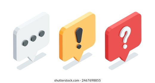 isometric text bubble icons, in color on white background, with exclamation icon and question, important message or alert info