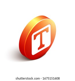 Isometrisches Textsymbol einzeln auf weißem Hintergrund. orangefarbene Kreistaste. Vektorillustration-Illustration