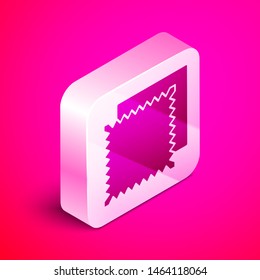 Isometric Textile fabric roll icon isolated on pink background. Roll, mat, rug, cloth, carpet or paper roll icon. Silver square button. Vector Illustration