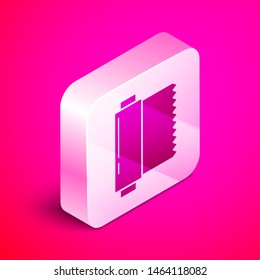 Isometric Textile fabric roll icon isolated on pink background. Roll, mat, rug, cloth, carpet or paper roll icon. Silver square button. Vector Illustration