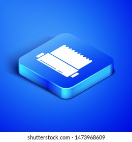Isometric Textile fabric roll icon isolated on blue background. Roll, mat, rug, cloth, carpet or paper roll icon. Blue square button. Vector Illustration