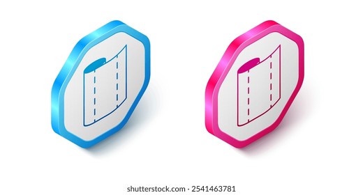 Ícone de rolo de tecido têxtil isométrico isolado no fundo branco. Ícone de rolo, tapete, tapete, pano, tapete ou rolo de papel. Botão hexágono. Vetor