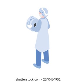 Isometric textile factory production composition with isolated personnel member in uniform on blank background vector illustration