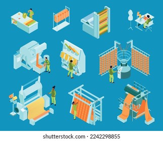 Isometric textile industry color set of isolated compositions with people operating machinery units and producing fabric vector illustration