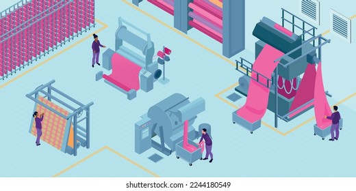 Composición de la industria textil isométrica con visión interior de fábrica de tejidos con unidades de máquina y operadores humanos ilustración vectorial