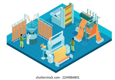 Composición isométrica de la industria textil con visión aislada del departamento de fábrica con máquinas operadas por caracteres humanos ilustración vectorial