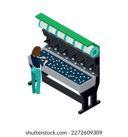 Isometric textile industry factory machine icon with female worker 3d vector illustration