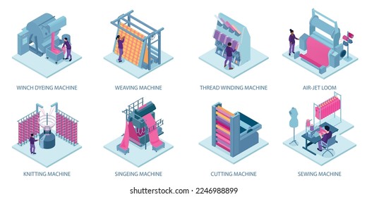 Isometrische Textilindustrie mit isolierten Zusammensetzungen von Textüberschriften und Bildern von Produktionsanlagen für Gewebe Vektorgrafik