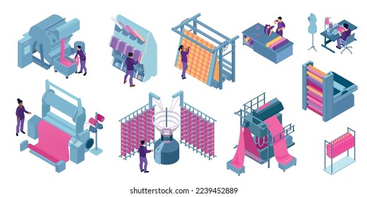 Isometric textile mill industry icons collection with isolated human characters and weaving machinery on blank background vector illustration